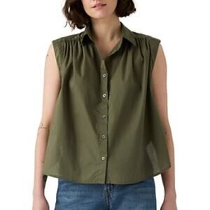 NEW!! Levi’s Sleeveless Button-Up Top, Boxy, Oversized, Olive Green, Collared, S
